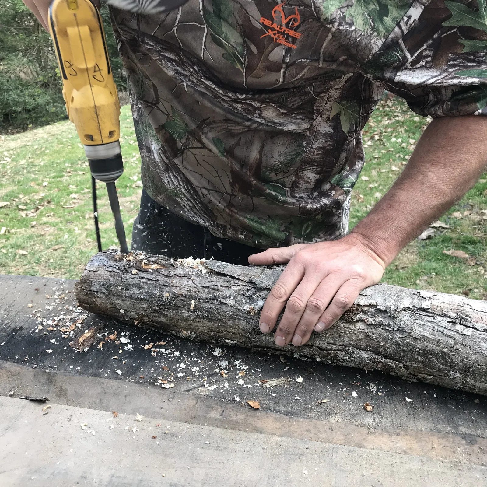 Chris's hands drilling a log for inoculation