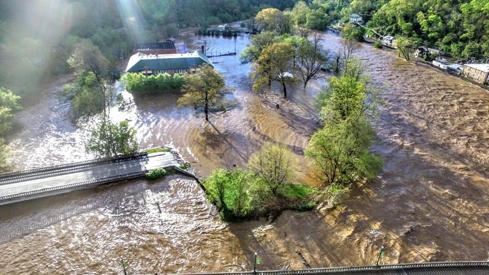 Aerial view of Marshall, North Carolina under water during the 2018 flood, the river across the island and around the buildings