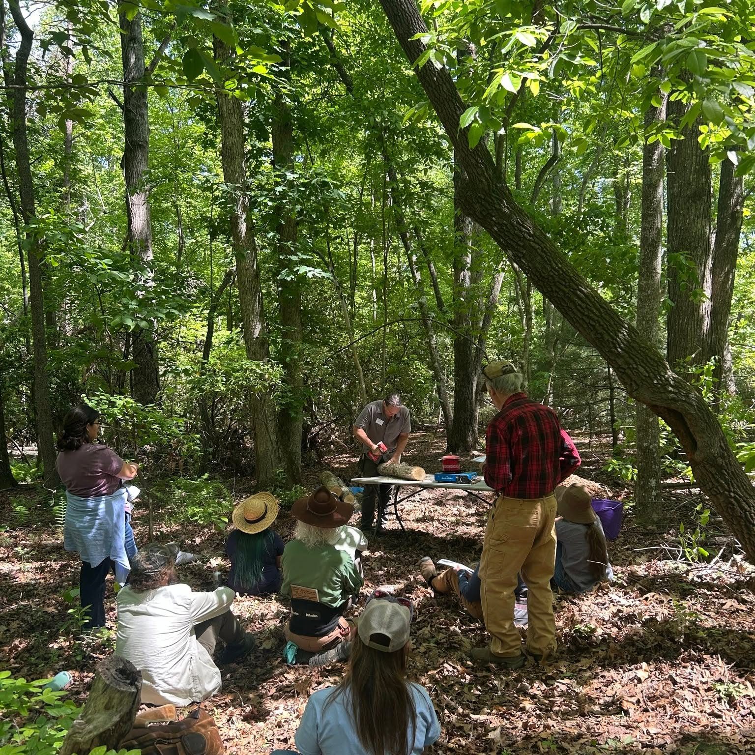 A workshop group gathered in the woods at the farm
